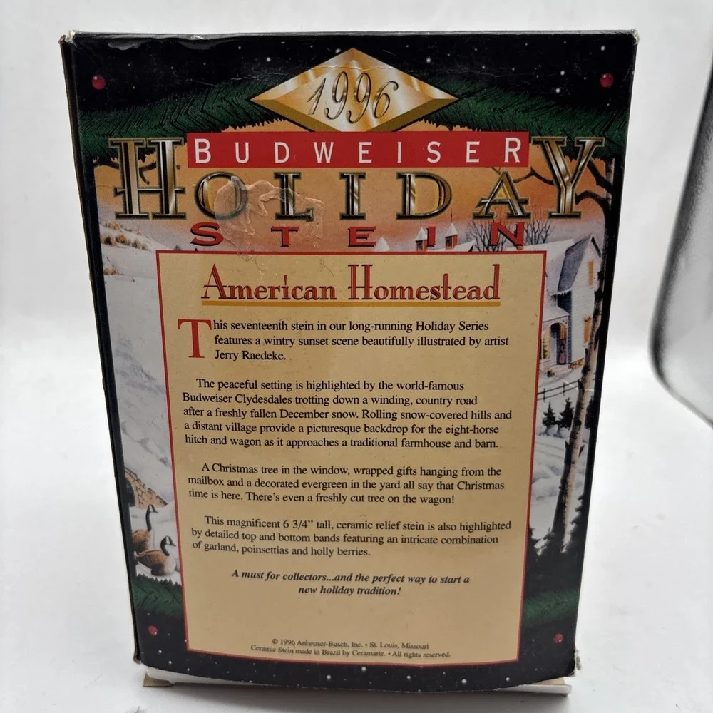Vintage 1996 Budweiser‎ Holiday Stein Christmas Beer Mug American Homestead